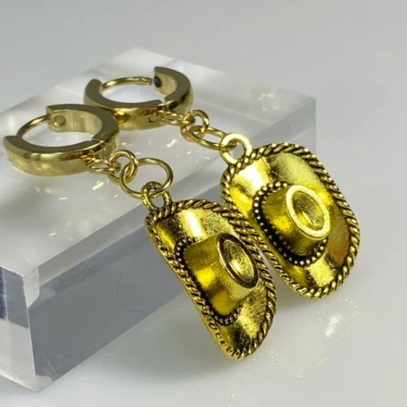 Handmade Cowboy Cowgirl Hat Huggie Earrings - Picture 4 of 11